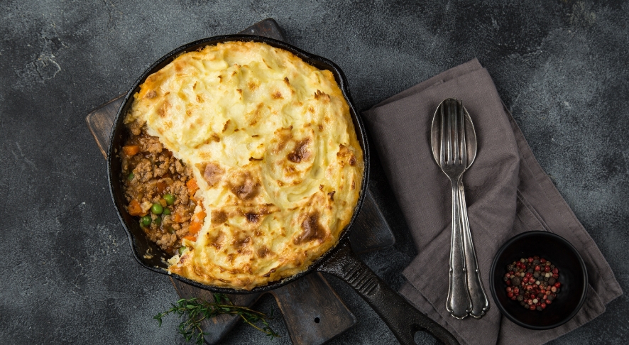 Homemade shepherds pie in a cast iron skillet